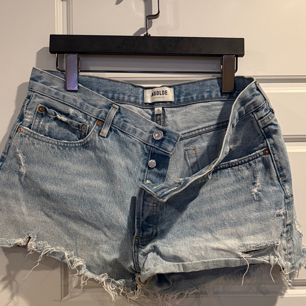 Agolde Light Blue Distressed Jean Shorts